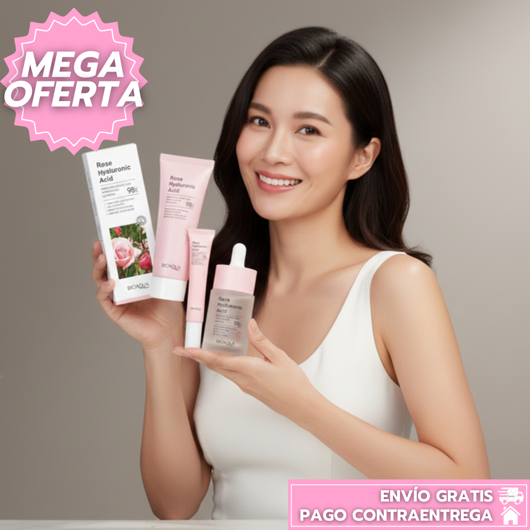 Combo ácido hialurónico y rosas™: Hidrata, rejuvenece y aporta luminosidad profunda a la piel.