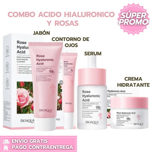 Combo ácido hialurónico y rosas™: Hidrata, rejuvenece y aporta luminosidad profunda a la piel.